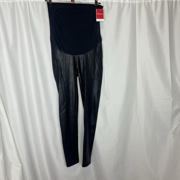 Spanx Mama Maternity Faux Leather High Waisted Leggings Very Black L Stretch - Picture 2 of 12